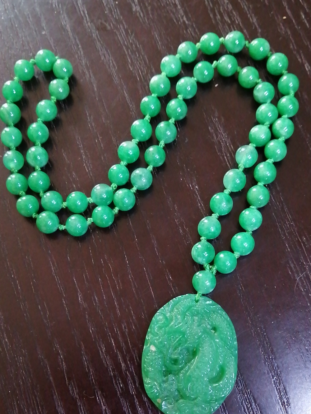 Dragon Carved White Jade  Dyed Green Pendant Beaded Necklace 22.5" Long